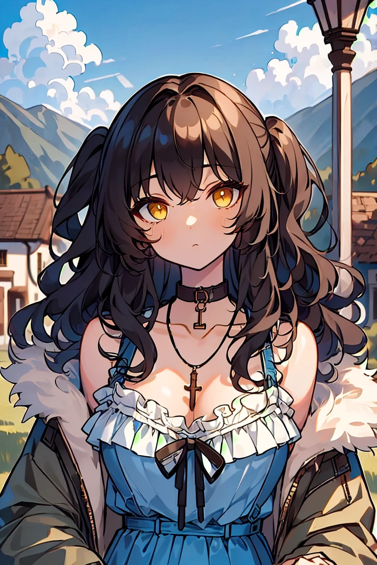 (masterpiece:1.2), (high quality:1.2), girls with((black hair, yellow eyes, (wavy long hair, one side up:1.52), bare shoulders, breasts, choker, cleavage, coat, collar, collarbone, cowboy shot, dress, blue clothes, camisole, (rosary, rosary choker, cross:0.7), necklace, fur, fur collar, fur trim, hood down, hooded jacket, hoodie, jacket, large breasts, long hair, long sleeves, black belt, suspenders, medium breasts, medium hair, necklace, open clothes, open hoodie, sleeveless, solo, winter clothes, zipper, cleavage, upper body, hand up, waving, palm)), background with((architecture, blue sky, bush, castle, village, no humans, cloud, cloudy sky, day, field, garden, grass, hill, house, lamppost, landscape, mountain, mountainous horizon, nature, no humans, outdoors, scenery, shrine, sky))
