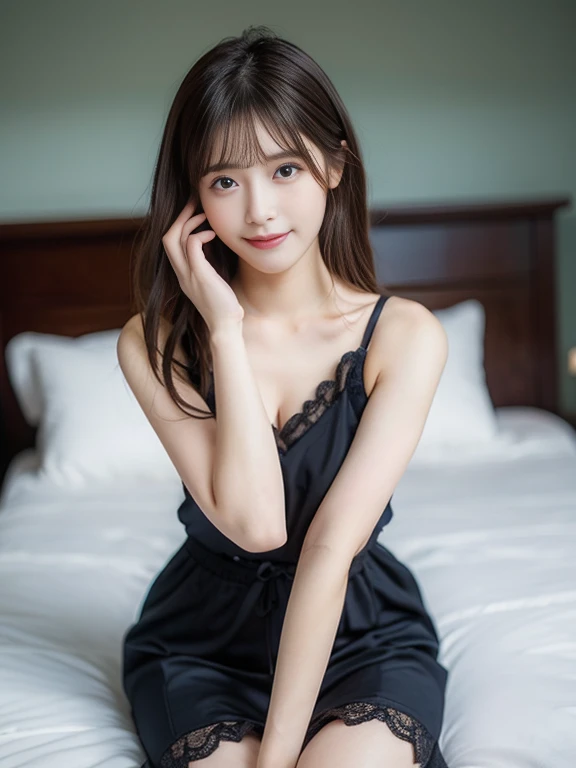 Photo-realistic quality、透け感のあるBlack slip、Sitting on the bed, 20-year-old Japanese model in a sexy dress, A stylish, revealing lace slip, Elegant lace slip,Lovely lady, Sexy Style, Black slip,looking at the camera、Detailed and beautiful eyes、Cute smile、A soft and gentle look、Medium chest、Sitting sideways、Beautiful legs、Shooting from a high angle