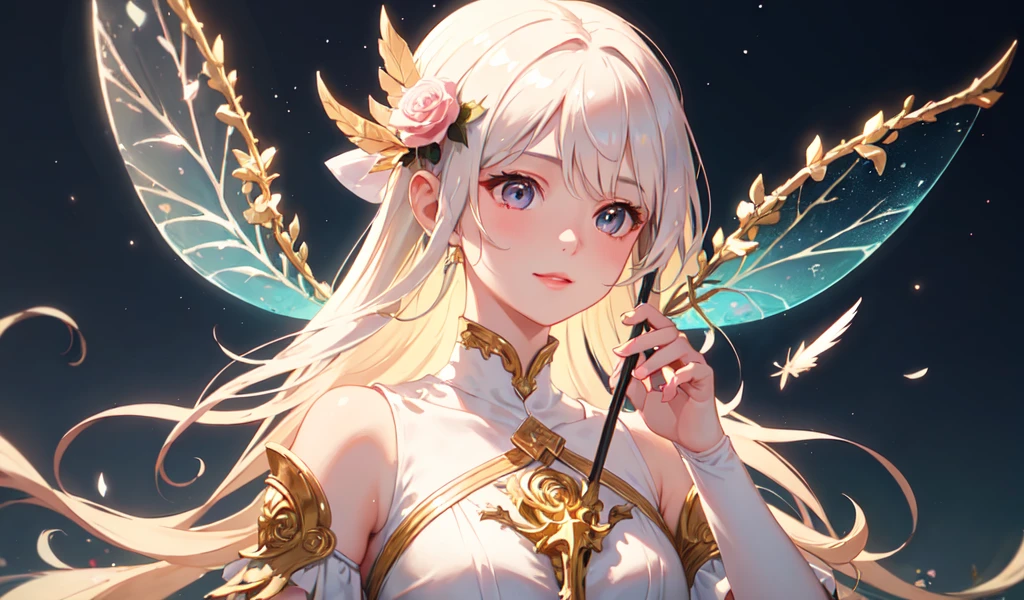 January，Beautiful transparent flower fairy baby, Detailed face, Detailed eyes, Fine hand, Transparent and colorful feathers, The stick sways in the wind､The wand glowed in the starlight.，Golden Staff，Beautiful blue sky and white clouds、The girl has transparent wings､A kind smile､Beautiful garden background､Gentle and transparent，Anatomically correct, Delicate pattern，Pink rose space, Soft lighting, ( Bokeh)，masterpiece, Very detailed, A magnificent composition, Highest quality, 8k，Epic romantic fantasy digital art，Epic fairy tale fantasy digital art，mythic fantasy，UHD resolution，Detailed detailed view，Realistically，Very realistic，Cinema Lighting,Award-winning photo,Rich colors，Ultra-realistic texture，Dramatic lighting
