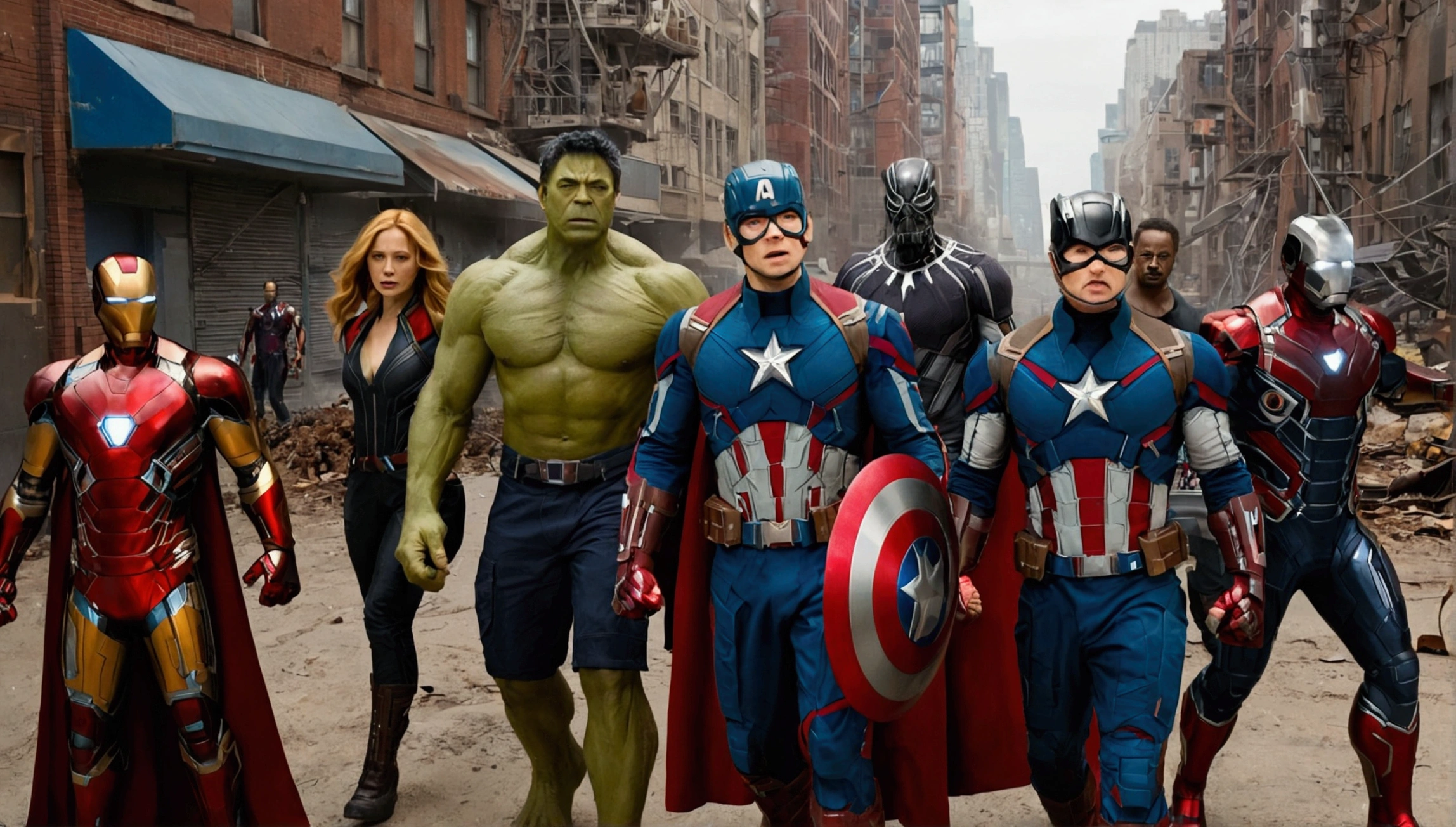 Very detailed，Superhero War，Captain America，Captain Marvel，Iron Man，Thor，Doctor Strange，Ant-Man，Groot，Rocket Raccoon，Spider-Man，Black Panther，Black Widow，Hawkeye，the hulk，Scarlet Witch，Intricate details，There are other superheroes in the distance，Collapsed streets，of war，