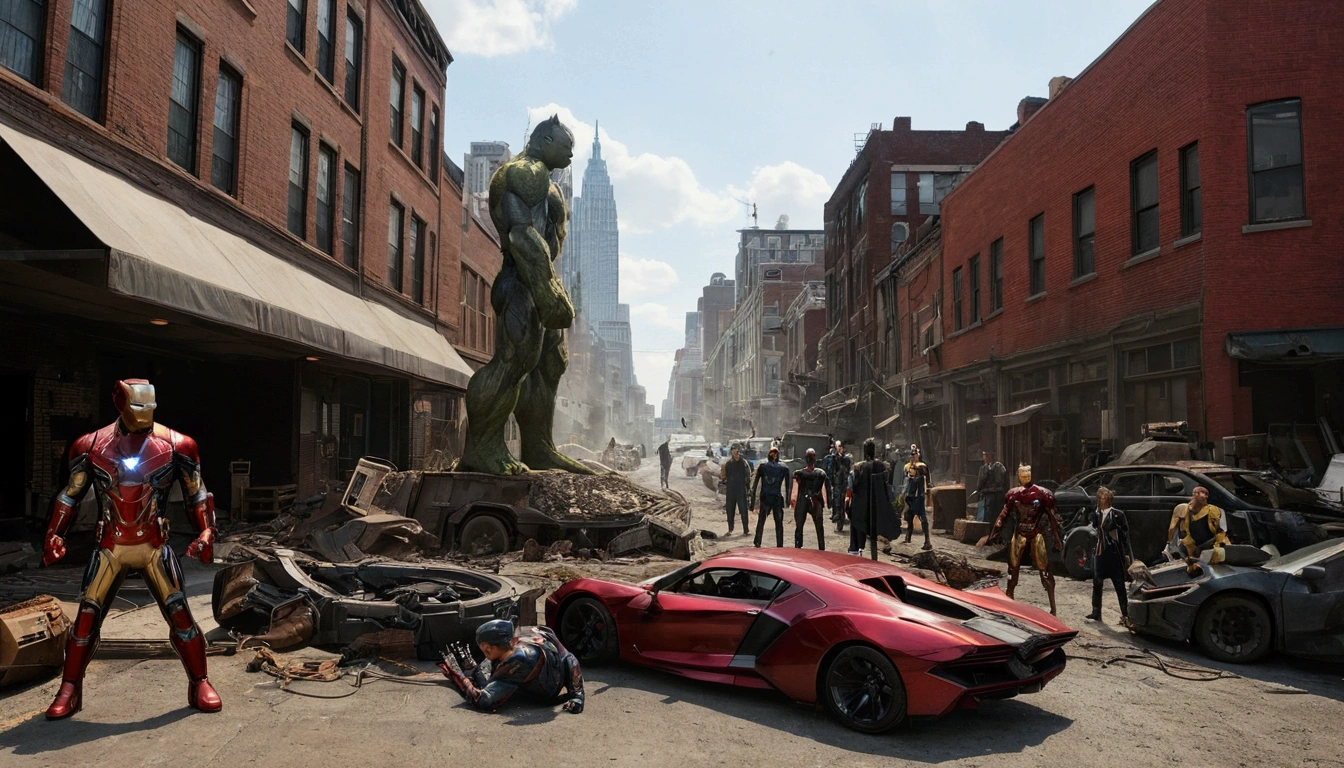 Very detailed，Superhero War，Captain America，Captain Marvel，Iron Man，Thor，Doctor Strange，Ant-Man，Groot，Rocket Raccoon，Spider-Man，Black Panther，Black Widow，Hawkeye，the hulk，Scarlet Witch，Intricate details，There are other superheroes in the distance，Collapsed streets，of war，
