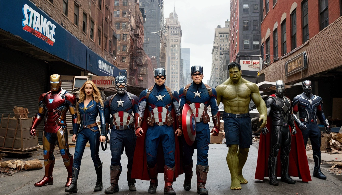 Very detailed，Superhero War，Captain America，Captain Marvel，Iron Man，Thor，Doctor Strange，Ant-Man，Groot，Rocket Raccoon，Spider-Man，Black Panther，Black Widow，Hawkeye，the hulk，Scarlet Witch，Intricate details，There are other superheroes in the distance，Collapsed streets，of war，
