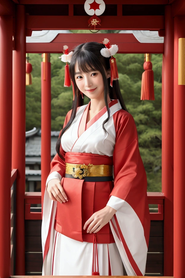 ((Highest quality、Tabletop、8k、Best image quality))、beautiful Shrine maiden、Shrine maiden'White kimono、Shrine maiden千早、Priestess's Red Skirt、Perfect authentic Shrine maiden costume、Cowboy Shot、Look at me、The best smile、The background is a magnificent and luxurious shrine.、The majestic and luxurious exterior is reminiscent of a real shrine、A luxurious and authentic shrine using Niwa lacquerware