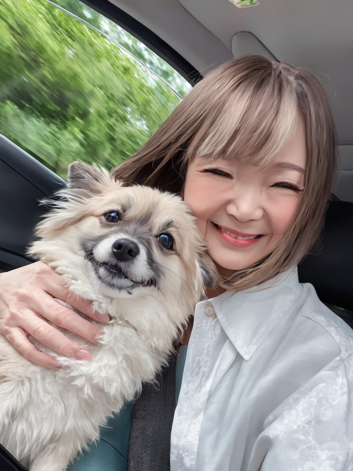 A fifty-year-old girl riding in a car with a dog on her lap, Chiho, With the dog,