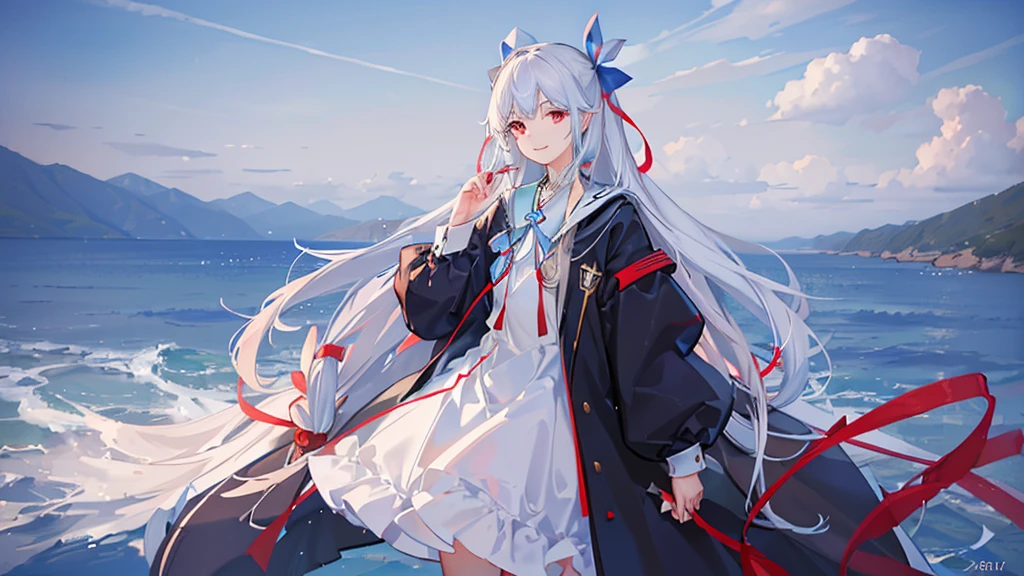 a smiling girl with long white straight hair, red eyes, wearing a blue and white sailor uniform ((with a sky blue ribbon:1.4)), detailed portrait, realistic, photorealistic, 8k, best quality, masterpiece, ultra-detailed, sharp focus, physically-based rendering, professional, vivid colors, natural lighting