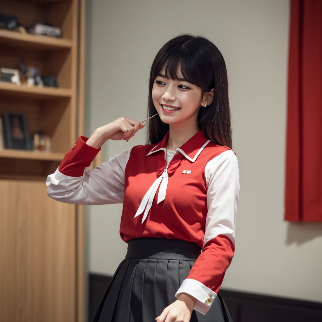 Highest quality, masterpiece, detailed, Akane Kurokawa, alone, Mouth closed, A light smile, Saint Best, Red Shirt, No sleeve, Needle, Epaulettes, White ribbon, Black Skirt, Are standing, Looking at the audience, indoor