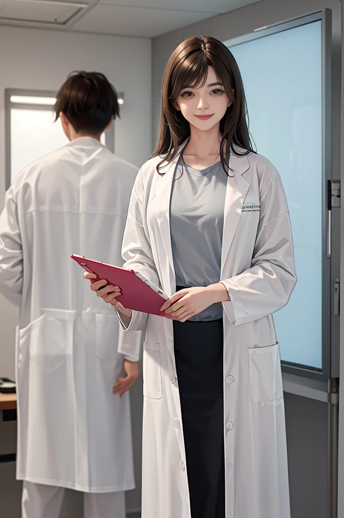 Doctor, 1 woman, solo, sitting (Looking at the audience), (white lab coat:1.5), long skirt ,Stylish clothes mature woman /(dark brown hair/) Bangs, smiling kindly (The best quality masterpiece:1.2) , Delicate illustrations, Special details, (hospital examination room) In the building, desk (X-ray image of the lungs:1.2) Detailed background