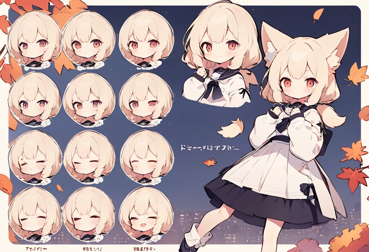Anime, two heads, cute fox girl, autumn, multiple poses and expressions, different angles, character sheet, fashionable clothes, illustration, white background,