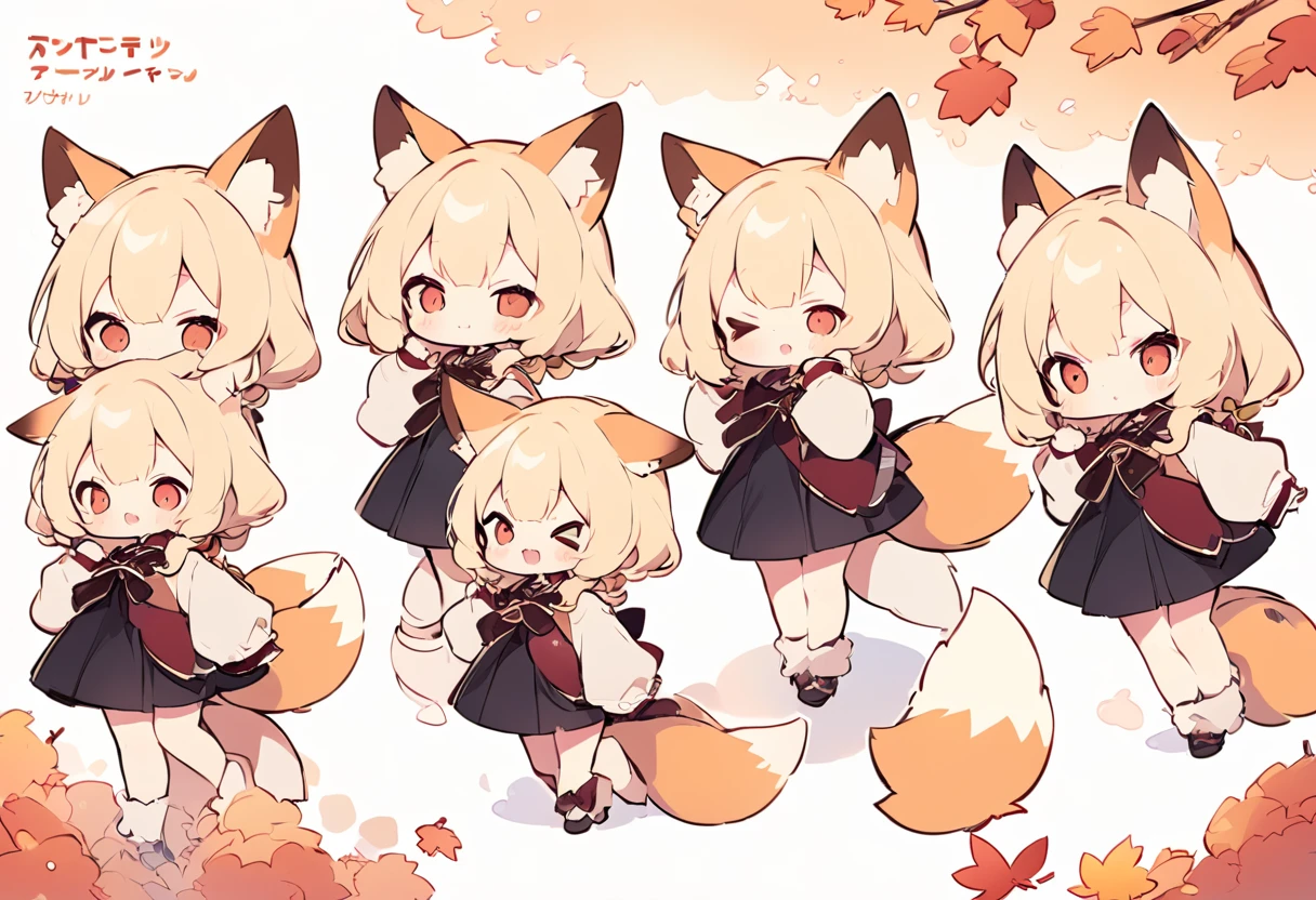 Anime, two heads, cute fox girl, autumn, multiple poses and expressions, different angles, character sheet, fashionable clothes, illustration, white background,