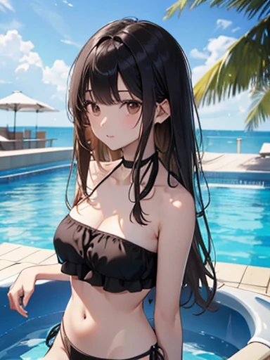 Yukino yukinoshita, long hair, cleavage, navel, slim legs, black hair, blue eyes,  white side tie bikini, beach, cardigan, teen body, happy