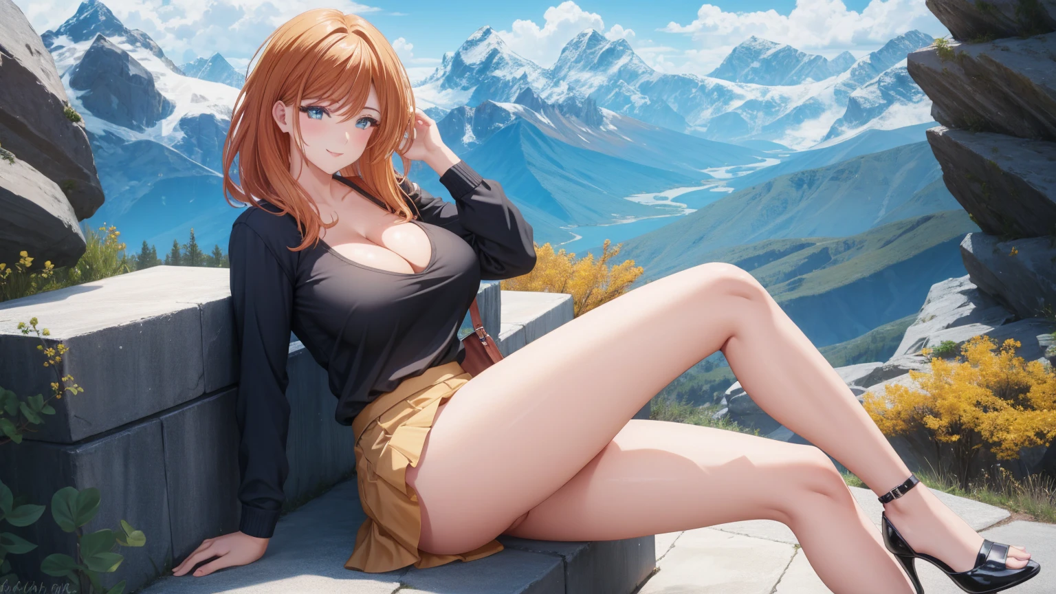 1 girl, very big breasts, very sexy body, 1 girl in, a smile, looks at the viewer, black shirt, super short white school miniskirt, full body, giant breasts, cleavage, giant breasts, heels, background in the mountains 1 girl , with big breasts. long legs QUEEN huge tits, (cleavage), high legs, (standing), sexy and muscular body. short skirt.4k hd