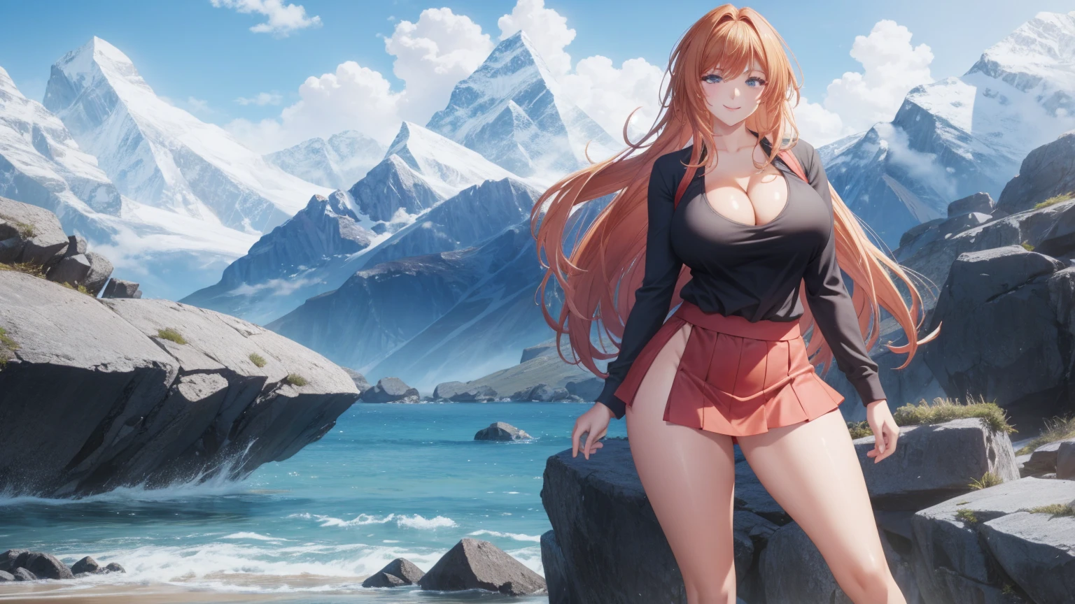 1 girl, very big breasts, very sexy body, 1 girl in, a smile, looks at the viewer, black shirt, super short white school miniskirt, full body, giant breasts, cleavage, giant breasts, heels, background in the mountains 1 girl , with big breasts. long legs QUEEN huge tits, (cleavage), high legs, (standing), sexy and muscular body. short skirt.4k hd