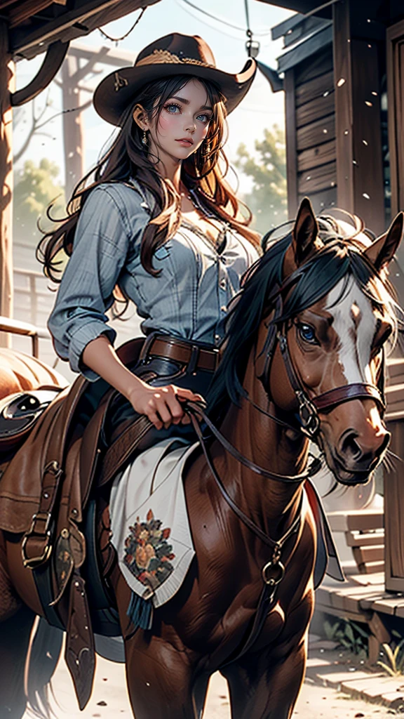 Get ready to be transported to the Wild West with this visually descriptive and detailed image of a cowgirl on horseback. The stylistic rendering captures the essence of the character, from her rugged attire to her fierce determination.