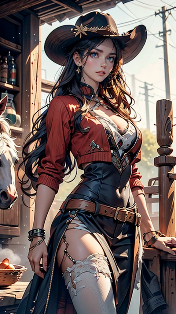 Get ready to be transported to the Wild West with this visually descriptive and detailed image of a cowgirl on horseback. The stylistic rendering captures the essence of the character, from her rugged attire to her fierce determination.