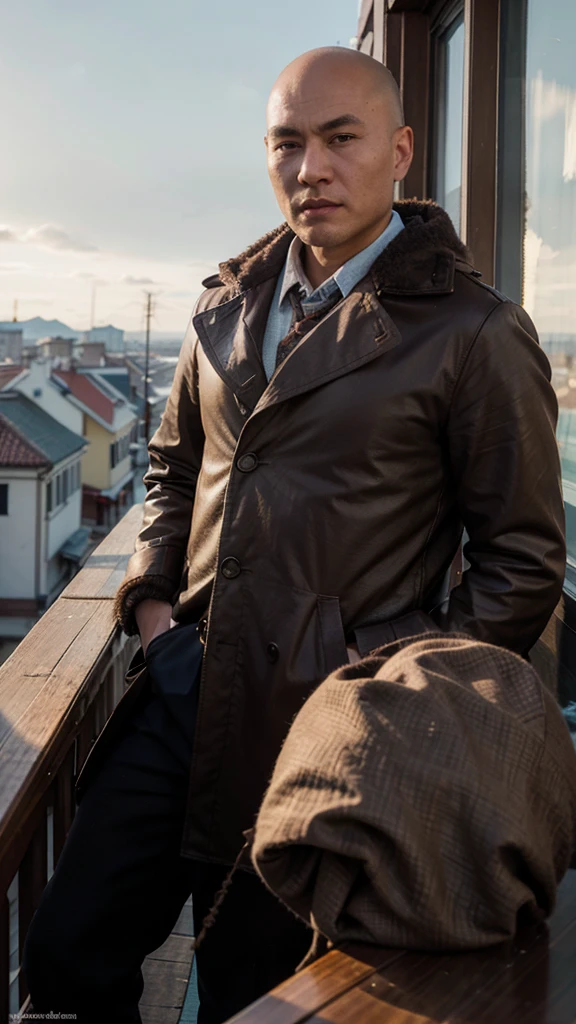 bald buryat man, posing on the balcony, view on the town, wearing, brown eyes, looking away