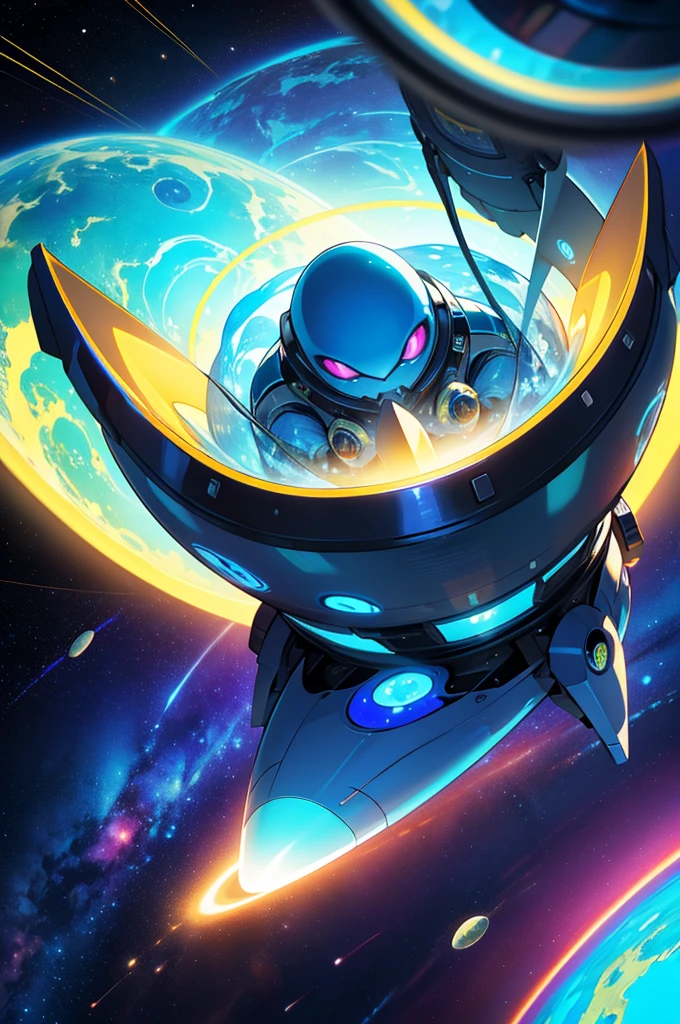 a blue alien spaceship, traveling through space towards a new planet, Vast cosmic background, conceptual artwork, swirly vibrant colors, Cute lighting, highy detailed, 8k, best qualityer