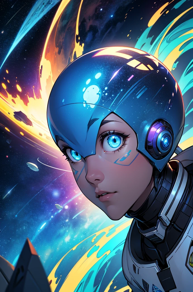 a blue alien spaceship, traveling through space towards a new planet, Vast cosmic background, conceptual artwork, swirly vibrant colors, Cute lighting, highy detailed, 8k, best qualityer