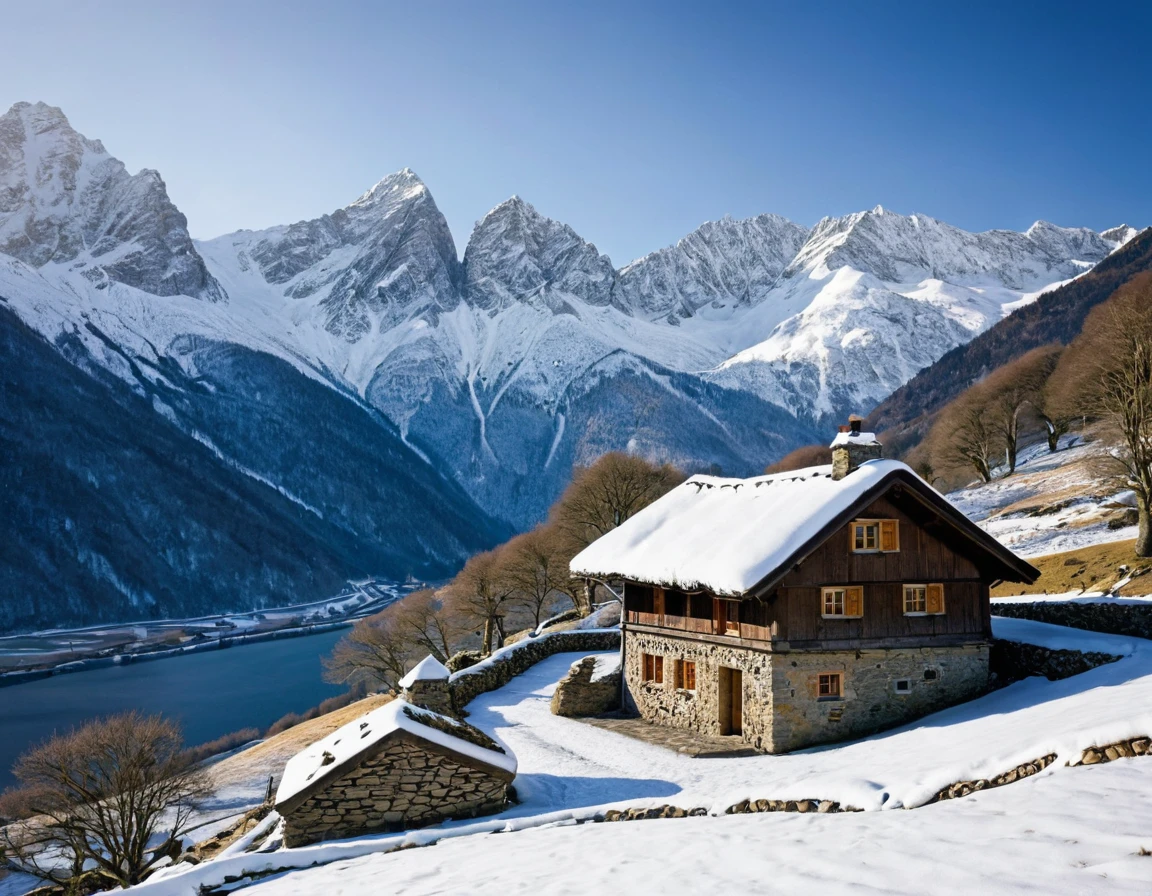Photograph depicting a picturesque mountainous landscape with a traditional stone house nestled in the foreground. The house has a thatched roof and a prominent chimney, providing a rustic, alpine atmosphere. The surrounding environment is lush and the mountains in the background are covered in snow, a high altitude place. Canon RF 50mm F4-7.1 IS STM, f/8, ISO 100, DSLR, HDR, 32k, post-production