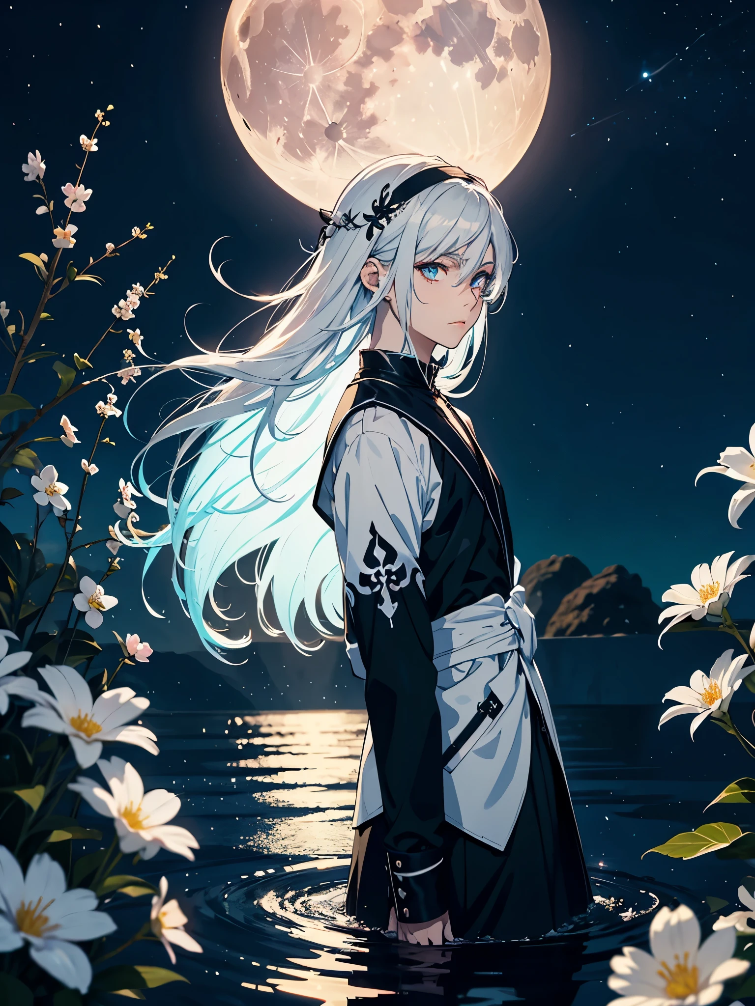 Red eyeliner. Mit Rock. Im Kleid. Blut.  Engel. Viele weoße vögel. More anime. light blue light. Bright bright light. magical. Moon. White flowers. male. Long hair. long white hair. aquatic, boy, God of the Moon, silver hair accessories, White hair. 