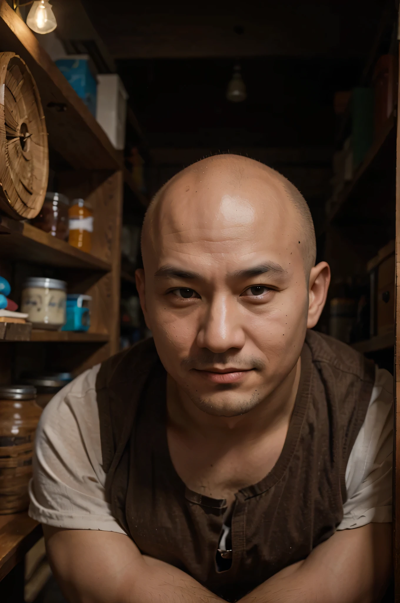 bald buryat man, working in the craft room, wearing, brown eyes, smirk