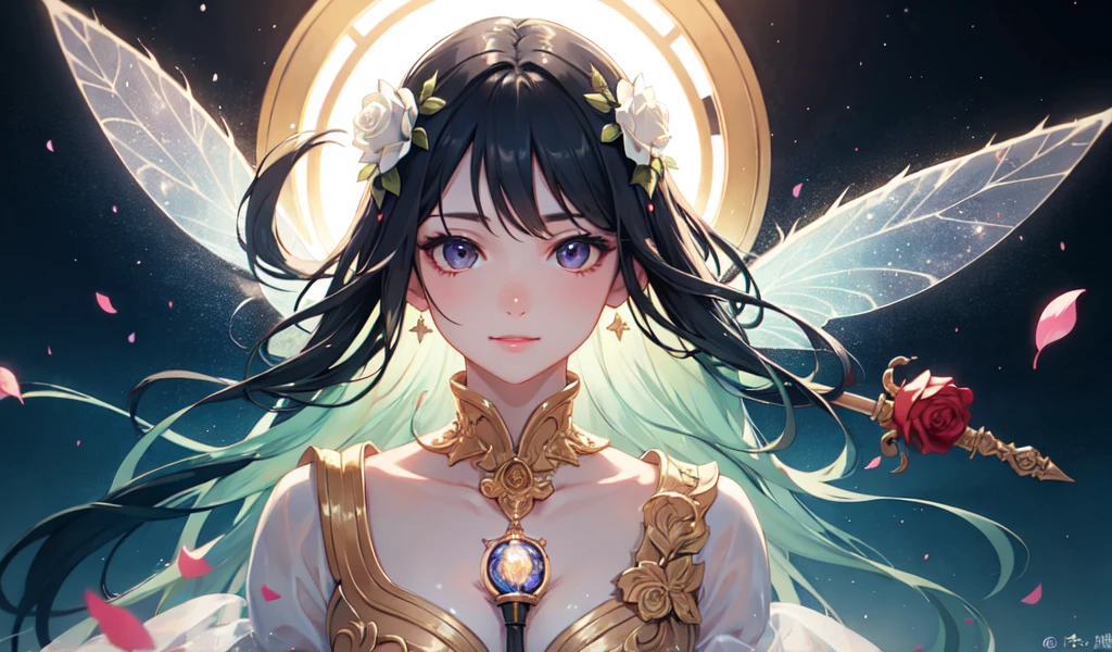 January,Beautiful transparent flower fairy baby, Detailed face, Detailed eyes, Fine hand, Transparent and colorful feathers, The stick sways in the wind、The wand glowed in the starlight.,Golden Staff,Beautiful blue sky and white clouds、The girl has transparent wings、A kind smile、Beautiful garden background、Gentle and transparent,Anatomically correct, Delicate pattern,Pink rose space, Soft lighting, ( Bokeh),masterpiece, Very detailed, A magnificent composition, Highest quality, 8k,Epic romantic fantasy digital art,Epic fairy tale fantasy digital art,mythic fantasy,UHD resolution,Detailed detailed view,Realistically,Very realistic,Cinema Lighting,Award-winning photo,Rich colors,Ultra-realistic texture,Dramatic lighting