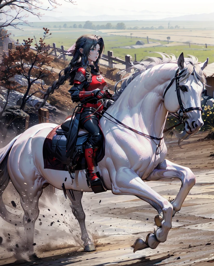red armor, white gauntlet, pink miniskirt, brown boots