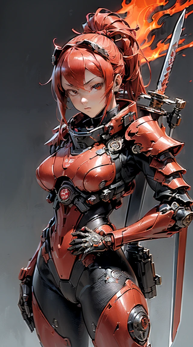 (masutepiece,Extremely detailed, Heavy mechs, hard surface),(concept art:1.1),(Armored Core Style:0.8), A woman wearing ninja robot armor is tying a jutsu seal.,(full armor:1.4),(tactical ninja mask),(Red body:1.1),(long legged:1.1),(Carrying a sword on his back:1.3),(A detailed eye:1.3),(A detailed face:1.3),(Detailed weapons:1.3),(Detailed body:1.3),((full bodyesbian:1.5)),(The background is a crimson flame:1.5),lifelike