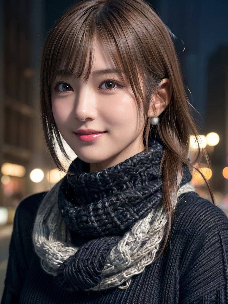 1 Japanese girl,(Black sweater:1.4),(She has a knitted snood around her neck to cover her chin..:1.5), (RAW Photos, Highest quality), (Realistic, Photorealistic:1.4), Tabletop, Very delicate and beautiful, Very detailed, 8k wallpaper, wonderful, finely, Very detailed CG Unity, High resolution, Soft Light, Beautiful Details 19 years old, Very detailed目と顔, Beautiful and detailed nose, finelyて美しい目,Cinema Lighting,City lights at night,Perfect Anatomy,Slender body,smile (Dirty hair, Asymmetrical bangs, Light brown hair,)