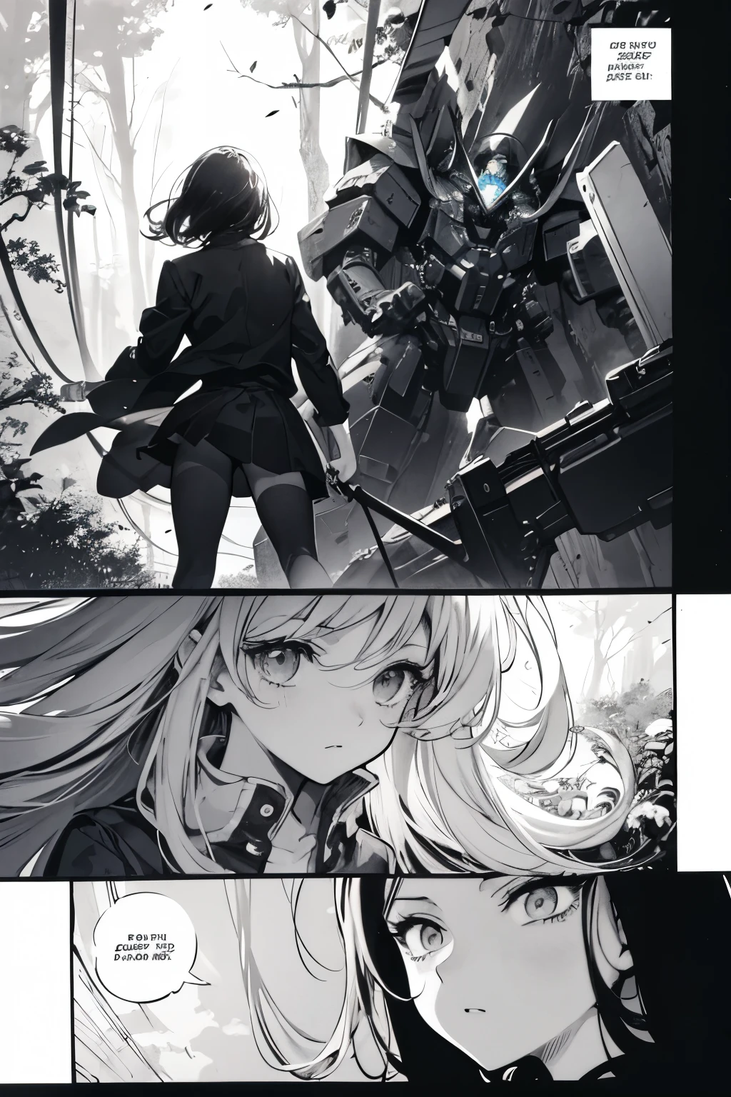 battle in forest ,a page from a comic with a girl and a mecha in the background, black and white manga page, black and white manga panel, black and white manga comic, manga page, manga panels, award winning manga style, black and white manga, manga panel, manga scans, detailed manga style, black and white manga style, as a manga panel, in style of manga, steampunk:1.3