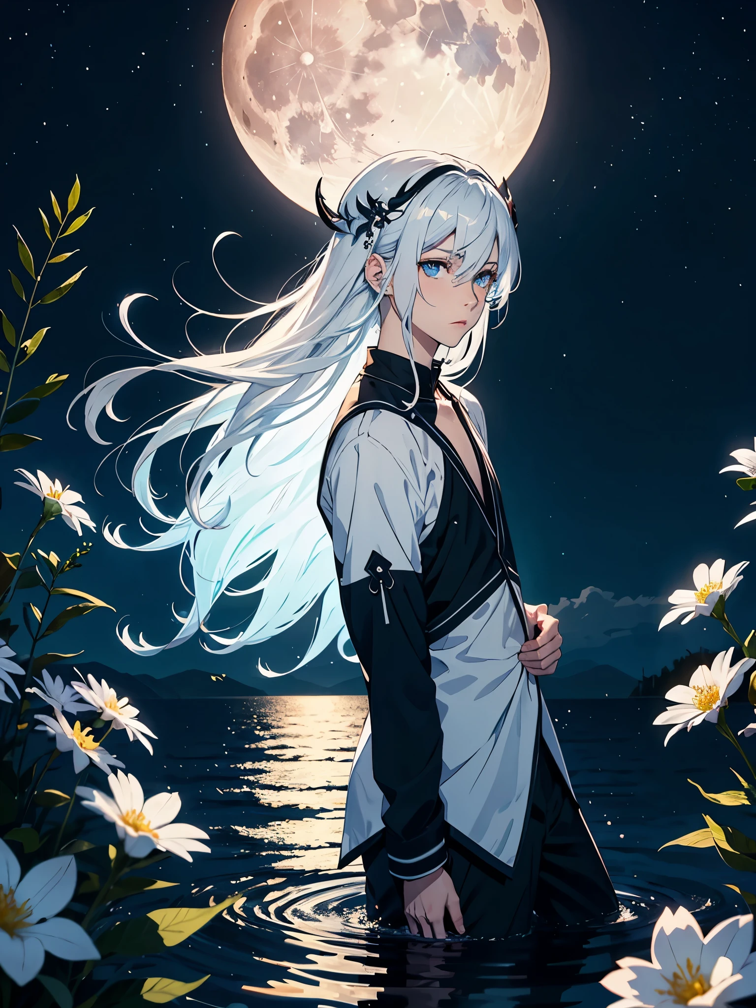 Red eyeliner. Mit Rock. Im Kleid. Blut.  Engel. Viele weoße vögel. More anime. light blue light. Bright bright light. magical. Moon. White flowers. male. Long hair. long white hair. aquatic, boy, God of the Moon, silver hair accessories, White hair. 