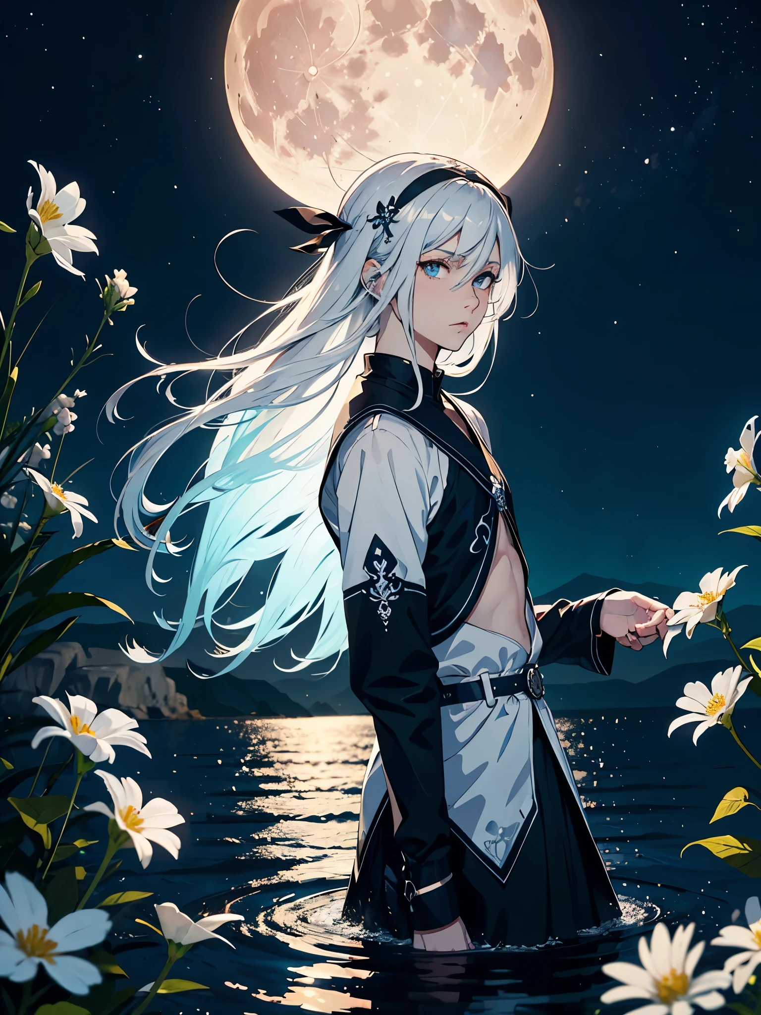 Red eyeliner. Mit Rock. Im Kleid. Blut. Engel. Viele weoße vögel. More anime. light blue light. Bright bright light. magical. Moon. White flowers. male. Long hair. long white hair. aquatic, boy, God of the Moon, silver hair accessories, White hair.