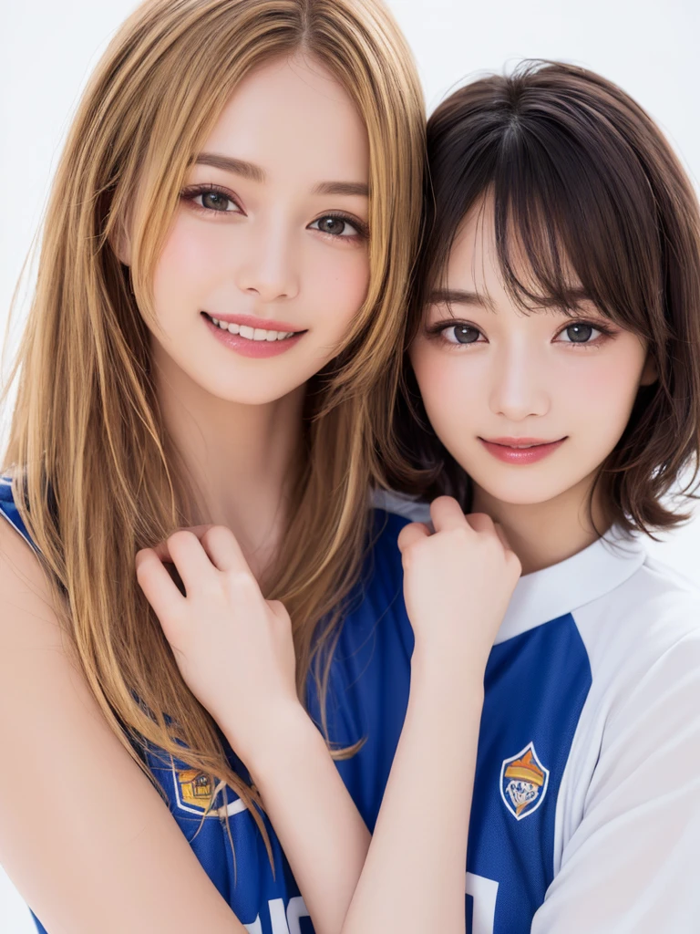 (Highest quality、8k、32K、masterpiece)、(Realistic)、(Realistic:1.2)、(High resolution)、Very detailed、Very beautiful face and eyes、1 girl、Round and small face、Tight waist、Delicate body、(close、Highest quality、Attention to detail、Rich skin detail)、(Highest quality、8k、Oil paints:1.2)、(Realistic、Realistic:1.37)、Bright colors、(((blonde)))、(((Upper Body Shot)))、(((Medium Hair)))、(((White wall background)))、(((Happy expression)))、smile、(((Blonde)))、(((Soccer uniforms)))、(((青と白のSoccer uniforms)))、(((Blue Uniform)))、touch my head、Perm Hair