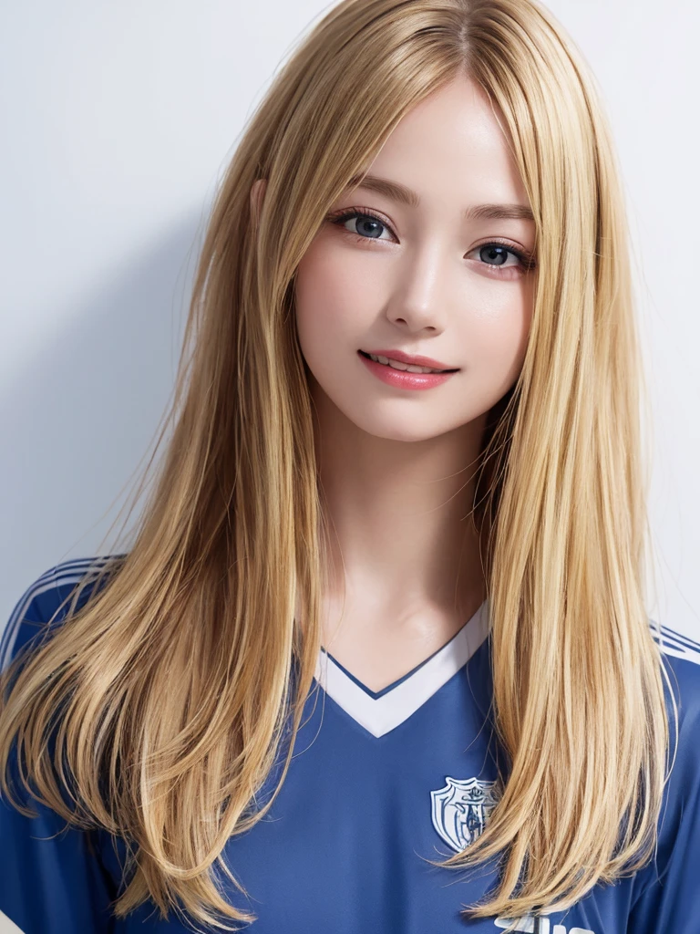 (Highest quality、8k、32K、masterpiece)、(Realistic)、(Realistic:1.2)、(High resolution)、Very detailed、Very beautiful face and eyes、1 girl、Round and small face、Tight waist、Delicate body、(close、Highest quality、Attention to detail、Rich skin detail)、(Highest quality、8k、Oil paints:1.2)、(Realistic、Realistic:1.37)、Bright colors、(((blonde)))、(((Upper Body Shot)))、(((Medium Hair)))、(((White wall background)))、(((Happy expression)))、smile、(((Blonde)))、(((Soccer uniforms)))、(((青と白のSoccer uniforms)))、(((Blue Uniform)))、touch my head、Perm Hair