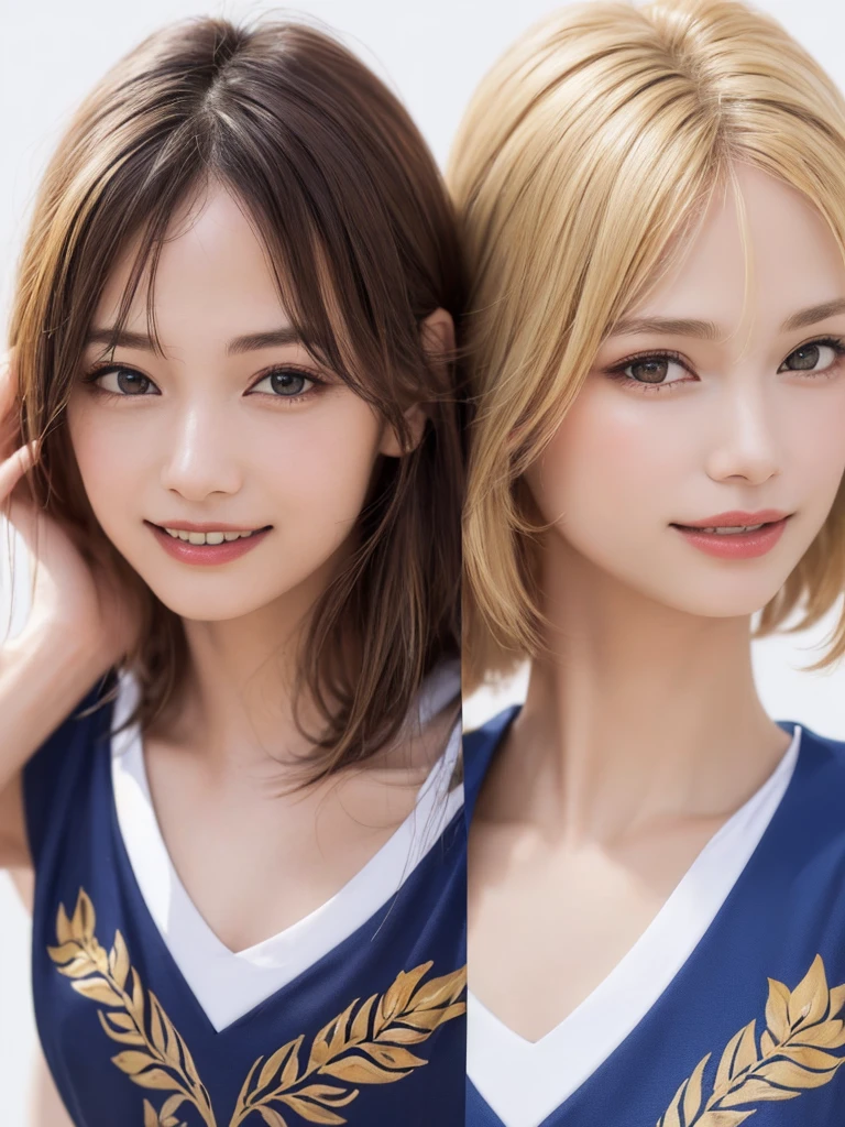 (Highest quality、8k、32K、masterpiece)、(Realistic)、(Realistic:1.2)、(High resolution)、Very detailed、Very beautiful face and eyes、1 girl、Round and small face、Tight waist、Delicate body、(close、Highest quality、Attention to detail、Rich skin detail)、(Highest quality、8k、Oil paints:1.2)、(Realistic、Realistic:1.37)、Bright colors、(((blonde)))、(((Upper Body Shot)))、(((Medium Hair)))、(((White wall background)))、(((Happy expression)))、smile、(((Blonde)))、(((Soccer uniforms)))、(((青と白のSoccer uniforms)))、(((Blue Uniform)))、touch my head、Perm Hair