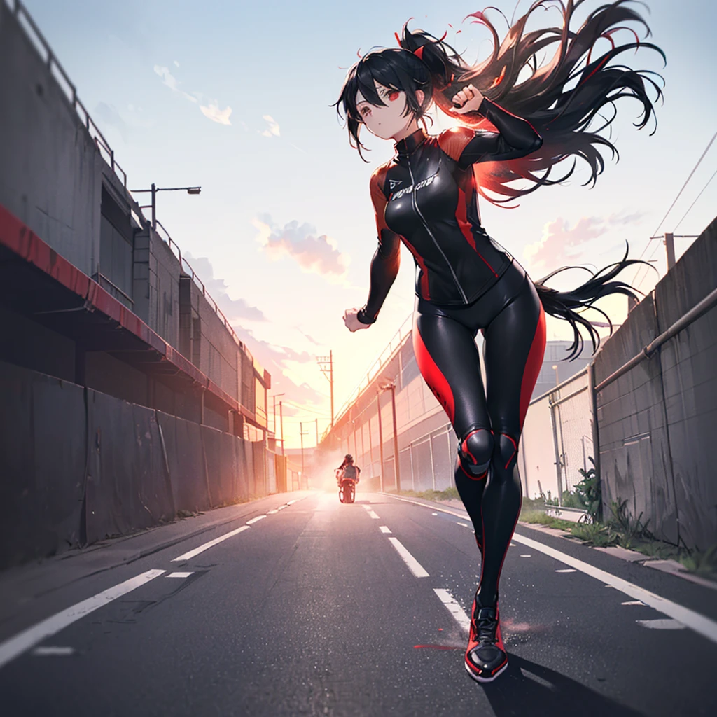((((Female rider、forward leaning posture Full Body Tights、Black Red Motorcycle、Running Motorcycle)))) (((Black Hair、ponytail、Blowing in the Wind Bright red eyes))) ((Expressway、Light、Light)) Shining Edge Shining Background
