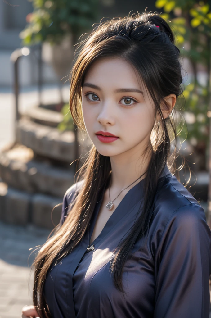 1 beautiful girl in Hanfu costume, ((black thin purple silk shirt with a lot of texture)), white lace top, long purple platinum ponytail Hair, Jewelry, ear jewelry, necklaces and necklaces, carefully drawn big purple eyes, makeup careful, thin eyebrows, high nose, beautiful red lips, no smile, pursed lips, rosy cheeks, wide breasts, big breasts, proportional breasts, slim waist, purple fishnet socks, chinese hanfu style, fictional art texture, colorful bright and realistic, RAW Photo, Realistic Photo, ultra high quality 8k surreal photo, (effective fantasy light effect: 1.8), 10x pixels, magical effect (Background): 1.8), ultradetailed eyes, full body portrait of girl , Chinese royal garden background, dynamic pose