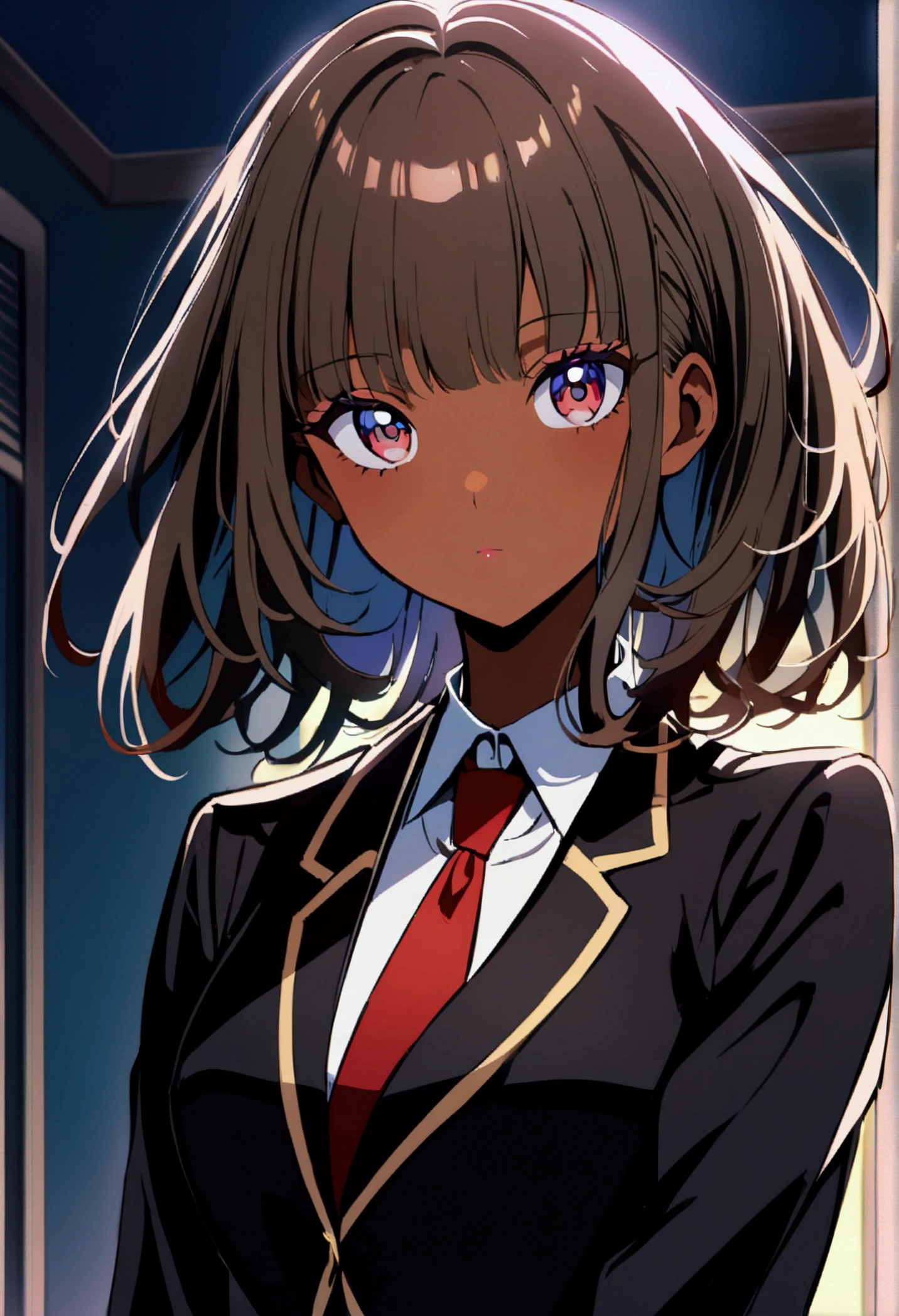 1 girl, (dark skinned:1.2), school girl, school class background, modern anime style, facing the viewer, upper body