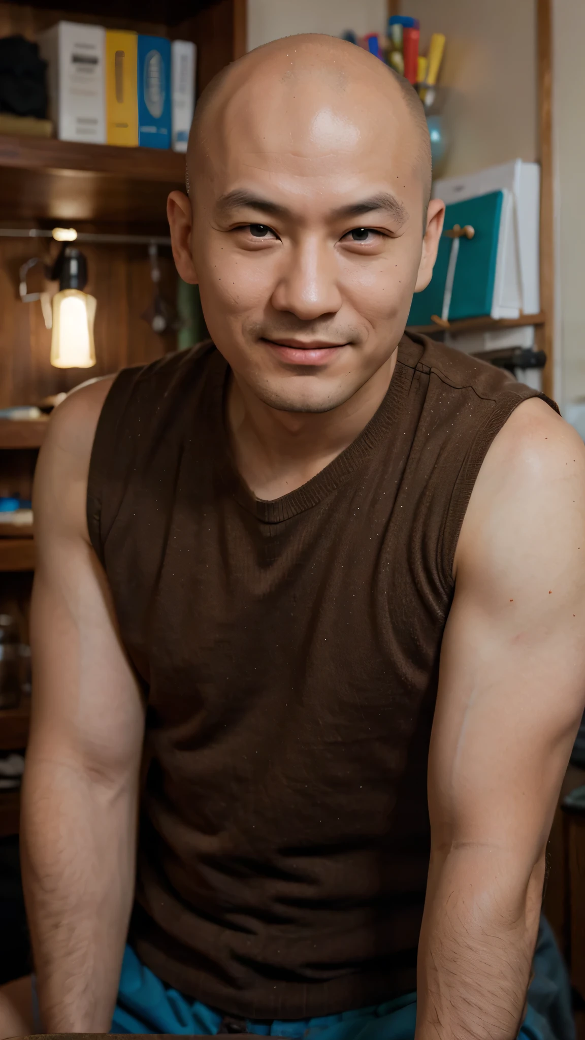 bald buryat man, working in the craft room, wearing, brown eyes, smirk

