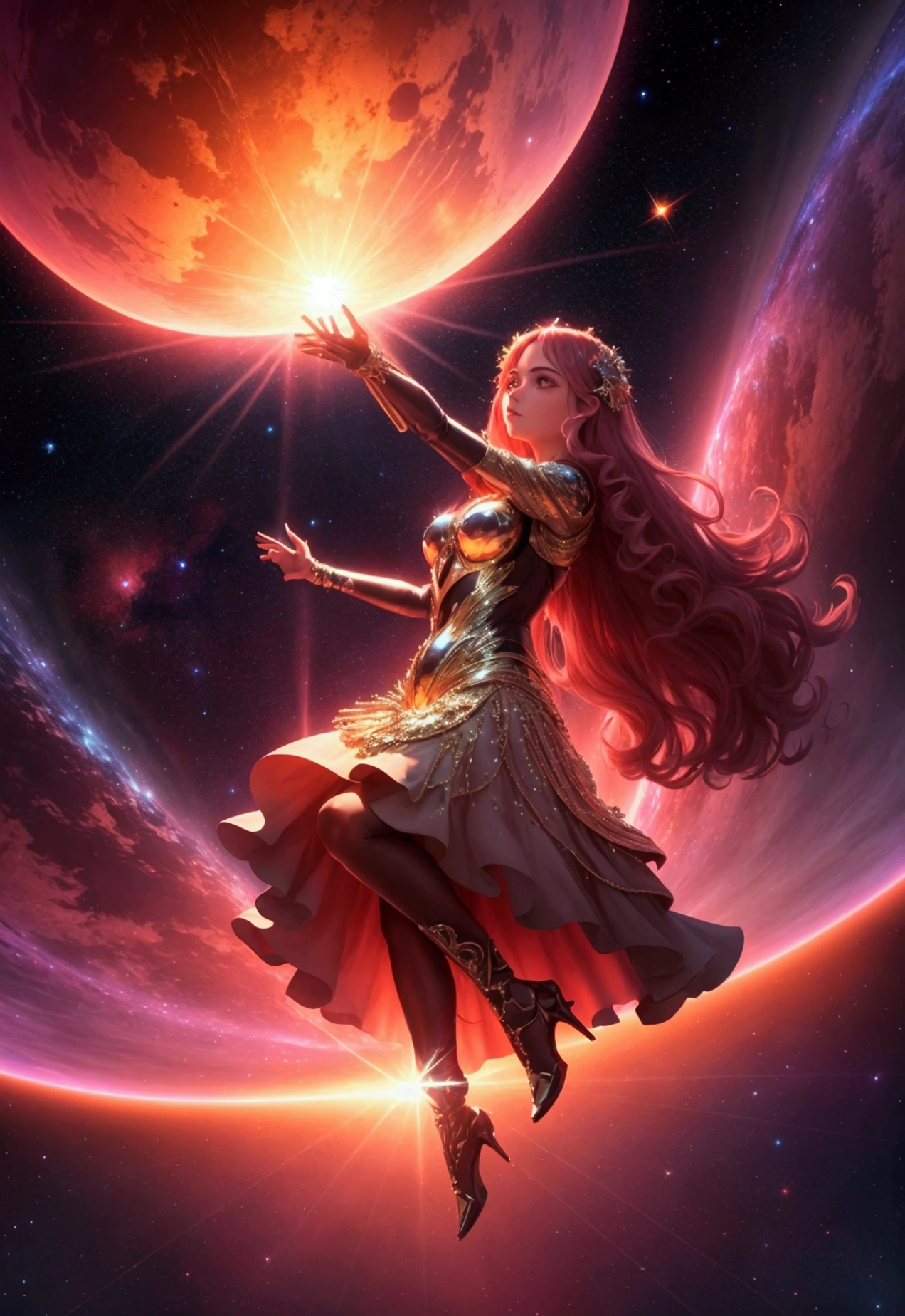 A giant mirror ball floating in space, red sky Flickering Light, Airborne particles, God's Rays, Background Stars, Complex fractals, detailed, (figure), masterpiece, High resolution, Highest quality.