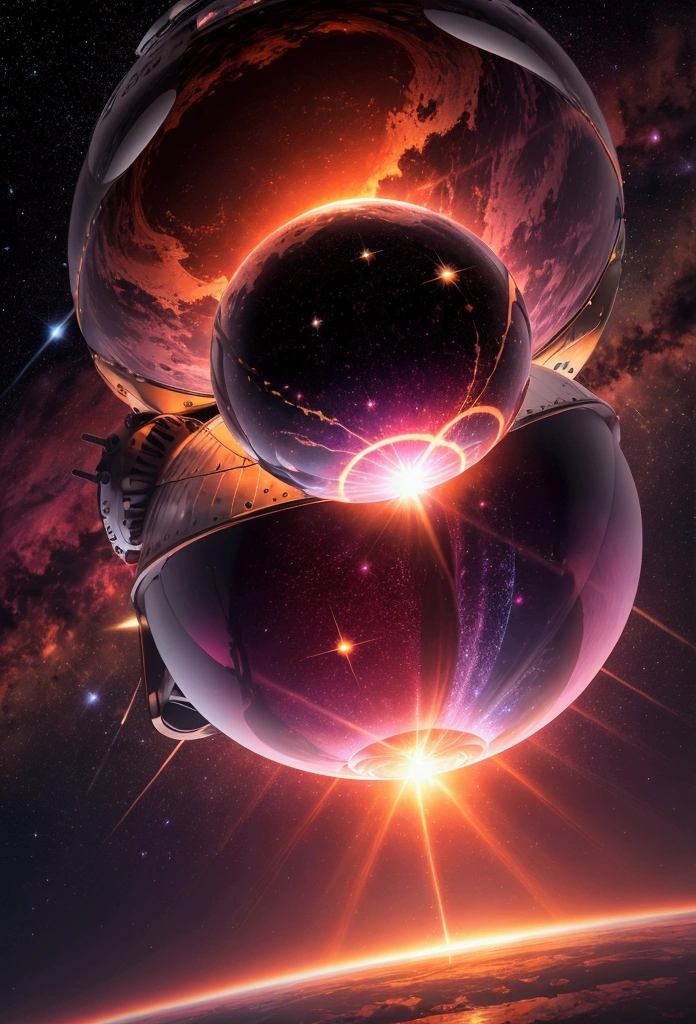 A giant mirror ball floating in space, red sky Flickering Light, Airborne particles, God's Rays, Background Stars, Complex fractals, detailed, (figure), masterpiece, High resolution, Highest quality.