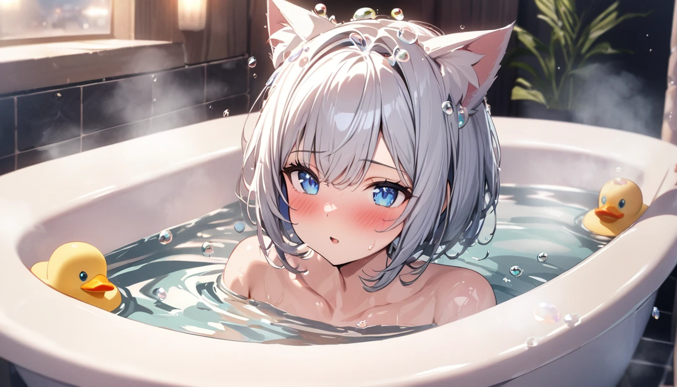 (((best quality)), ((masterpiece)), (details), masterpiece, best quality, high quality, ulutra detailed, perfect face, ((1girl, Blue eyes, cat ears: 1.3 silver bob hair: 2.5,)) 、Shiny Hair、Glowing Skin、blush、Lustful look、night、Wrap a towel around your body、Skin gets wet、valley、I can see bare feet、Victoria Bathtub、Floating duck doll、A lot of bubbles on the head、Bath time、Steam Effect、Soaking in the bathtub、Get into the bathtub、Bathroom Background、night、