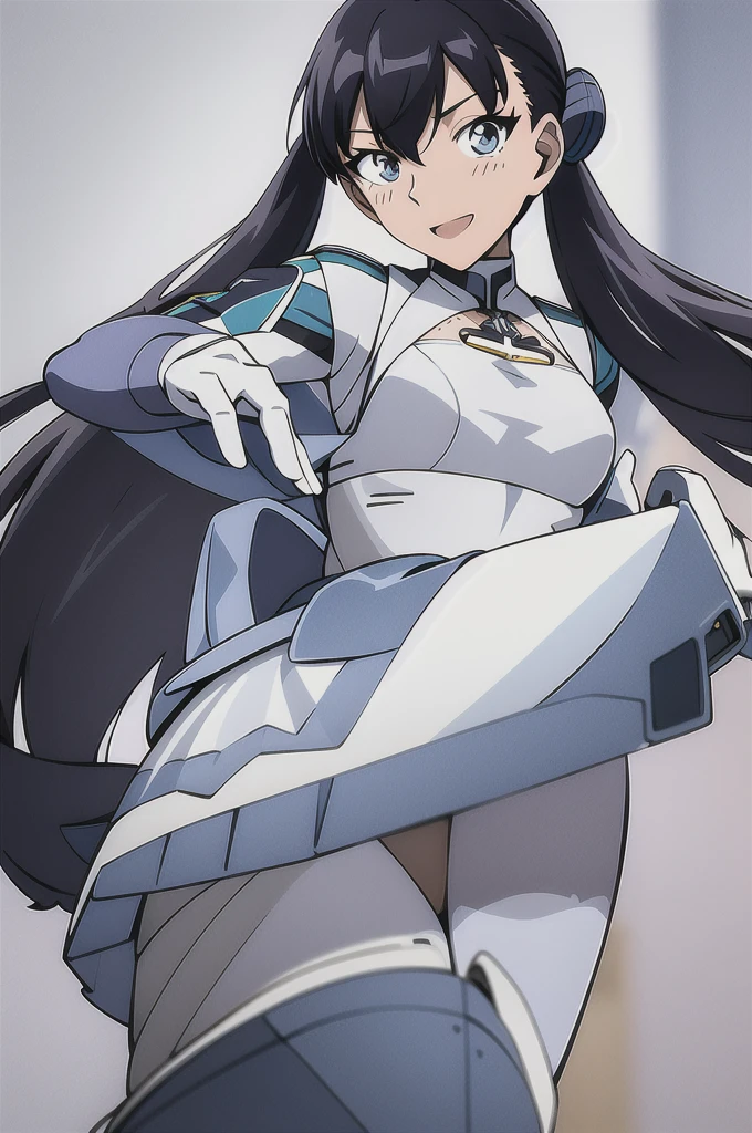 mecha wings、Blue Skirt、Accentuated thighs、chest、Black Hair、1 girl、solo girl、IS、Frame Arms Girl、Alice Gere Aegis、White Armor、Pink Line、income、headphone、hand on own chest、smile、Miike Naeko,One girl,alone,police,police ユニフォーム,police woman