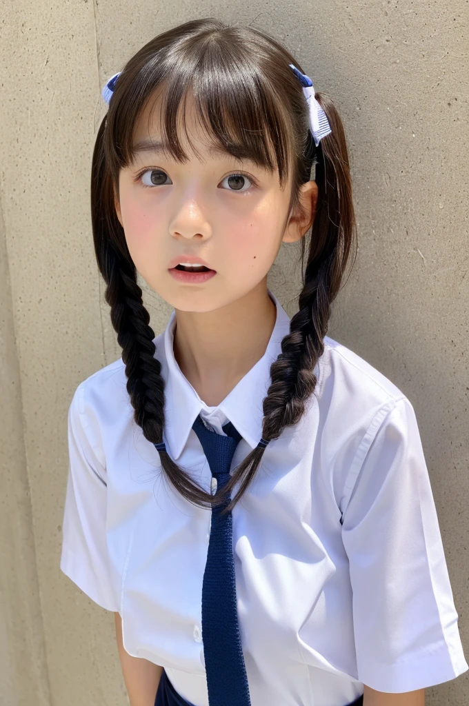 ((highest quality, masterpiece :1.3)), Photorealistic、Ultra-high resolution、Natural skin texture、Hyperrealism、Ultra close-up、 beautiful Japanese girl、Twin tail hair、well-shaped breasts、White collared shirt and tie、mini skirt、Frightened expression