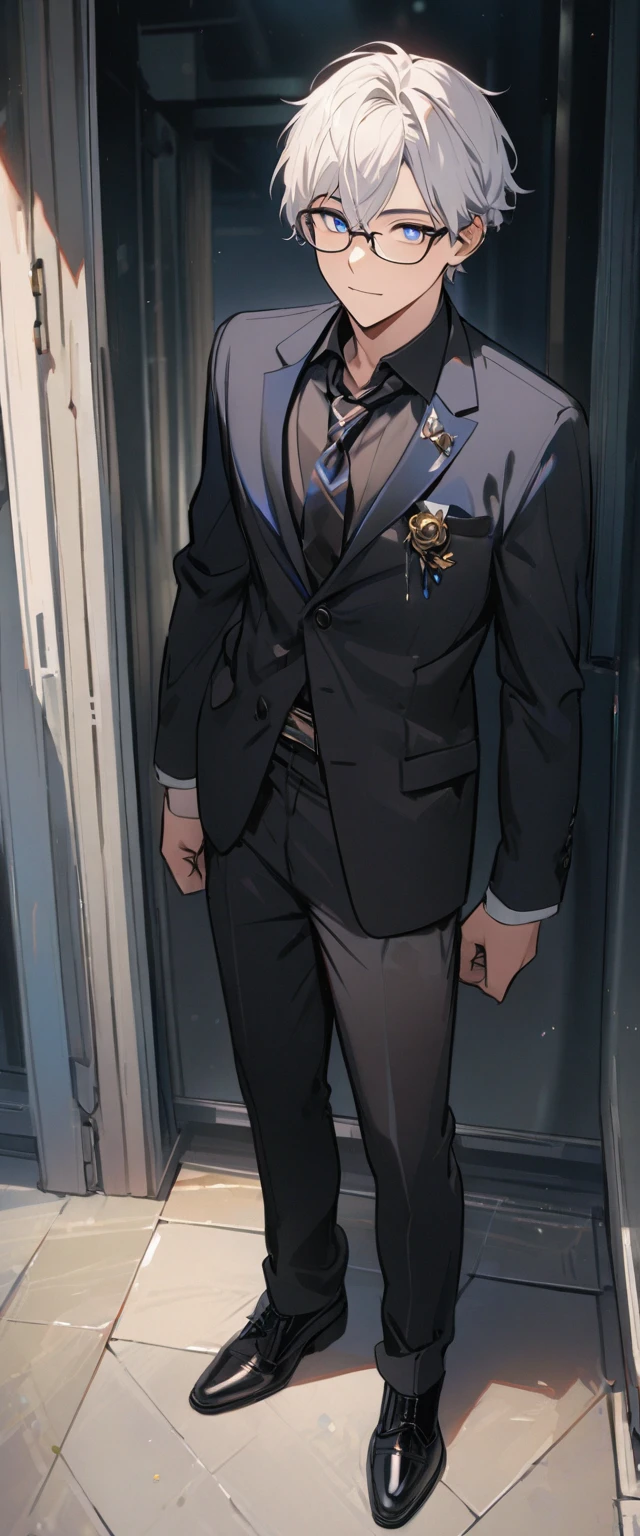 1 male, short hair, white hair, blue eyes, young teenager, glasses, school. formalwearr, Soft boy face, handsome (best quality,4k,highres,masterpiece:1.2), fullbody