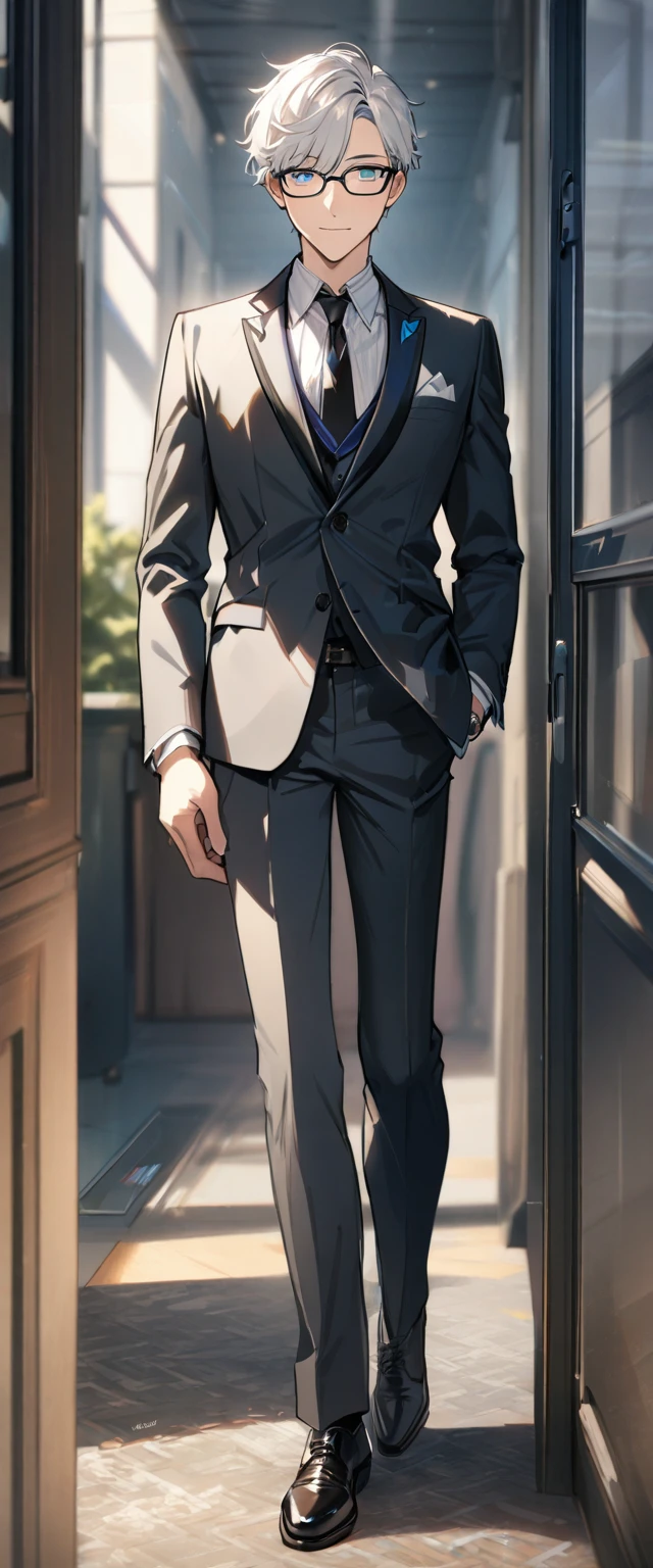 1 male, short hair, white hair, blue eyes, young teenager, glasses, school. formalwearr, Soft boy face, handsome (best quality,4k,highres,masterpiece:1.2), fullbody