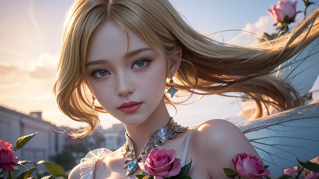 Beautiful transparent Barbie princess, Transparent and colorful petals, Delicate face，Blonde fluttered in the wind､Starry Blonde，Blonde，Beautiful blue sky and white clouds、The girl has transparent wings､A kind smile､Beautiful garden background､Gentle and transparent，Anatomically correct, Delicate pattern，Pink rose space, Soft lighting, ( Bokeh)，masterpiece, Very detailed, A magnificent composition, Highest quality, 8k，Epic romantic fantasy digital art，Epic fairy tale fantasy digital art，mythic fantasy，UHD resolution，Detailed detailed view，Realistically，Very realistic，Cinema Lighting,Award-winning photo,Rich colors，Ultra-realistic texture，Dramatic lighting