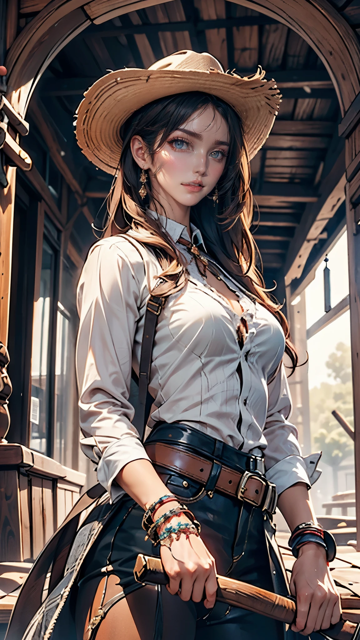Get ready to be transported to the Wild West with this visually descriptive and detailed image of a cowgirl on horseback. The stylistic rendering captures the essence of the character, from her rugged attire to her fierce determination.