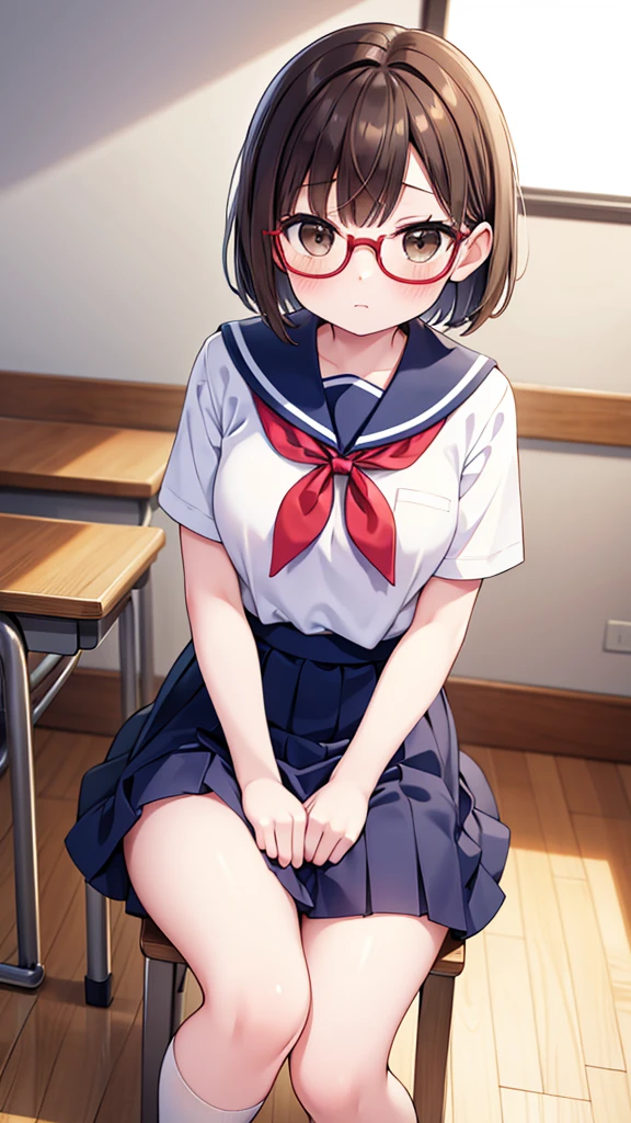 nichijo style、simple、Simple、mischief、Expectations、Shyness、Sit on a chair、School、classroom、Daytime、Cute girl , Steam rises around her, Shooting from below, One Girl, Brown Hair、Very short hair, Brown eyes、Red frame glasses、White blouse, Navy Blue Skirt, Navy blue socks, Brown Loafers, White panties、Thin legs、Small breasts, Highest quality, 4K, 8k, High resolution, masterpiece:1.2, Very detailed, Realistic, photoRealistic, photo-Realistic:1.37, High resolution, 超High resolution, Studio Lighting, Ultra-fine painting, Sharp focus, Physically Based Rendering, Very detailed explanation, Professional, Vibrant colors, bokeh