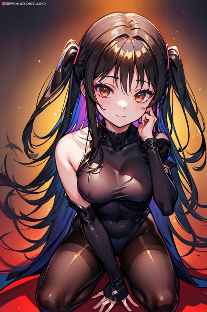 Highest quality　Highest quality　Draw a face carefully　High-definition anime-style face　Super Glowing Skin　Long black hair　Brown leotard　Golden pantyhose　Succubus　lure　smile　squat　Show your legs　Feet close up
