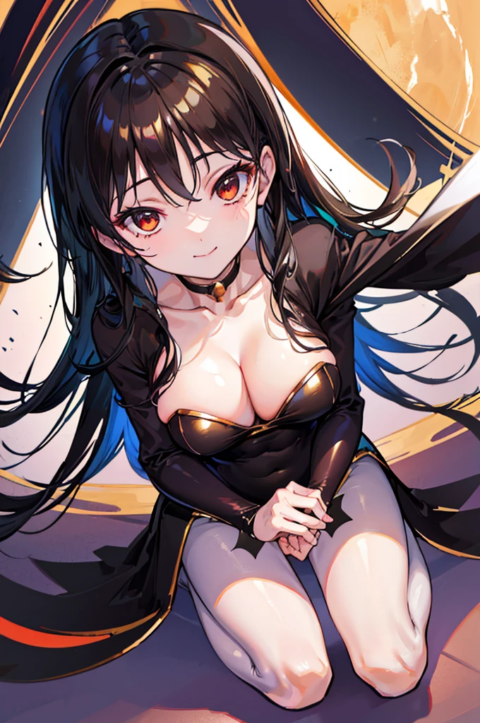 Highest quality　Highest quality　Draw a face carefully　High-definition anime-style face　Super Glowing Skin　Long black hair　Brown leotard　Golden pantyhose　Succubus　lure　smile　squat　Show your legs　Feet close up
